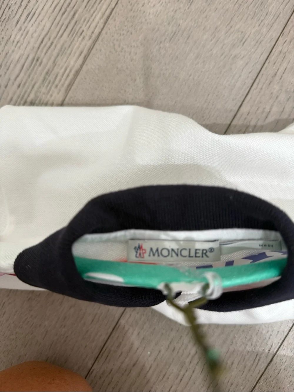 Moncler Kids White Polo with Navy Collar and Tricolor Shoulder Stripes